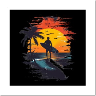 Sunset Surf Serenity - Palm and Surfer Silhouette Posters and Art